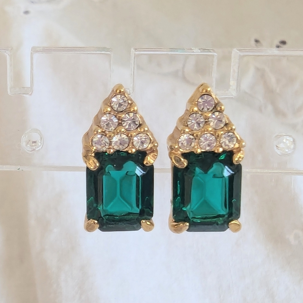Vtg Roman Faux Emerald Rhinestone Special Occasion Post Earrings 14k Backs
